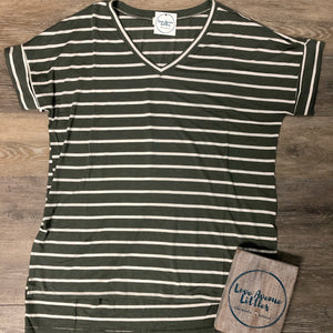 Striped Rolled Sleeve Top - Olive