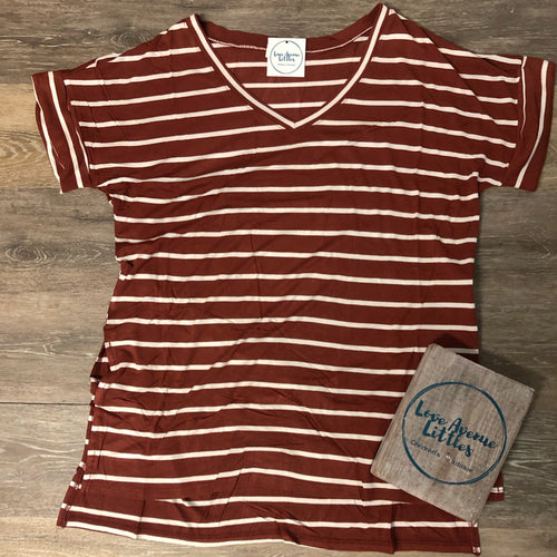 Striped Rolled Sleeve Top- Rust